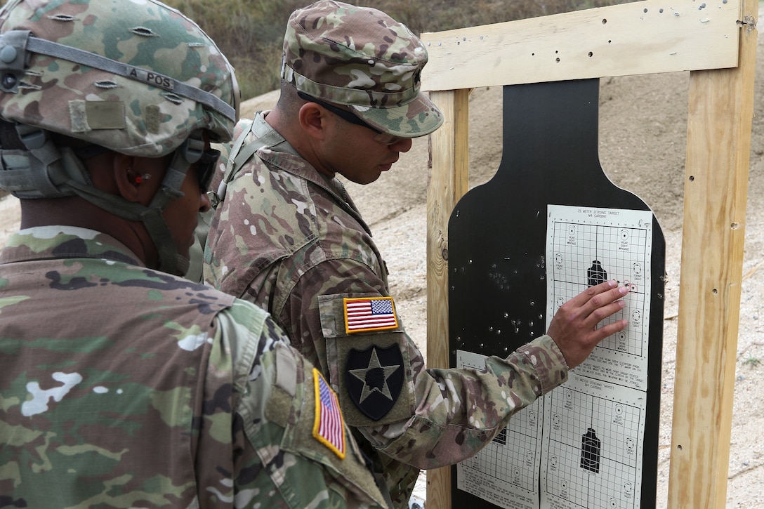 Soldiers check their shot grouping on a 25-meter target