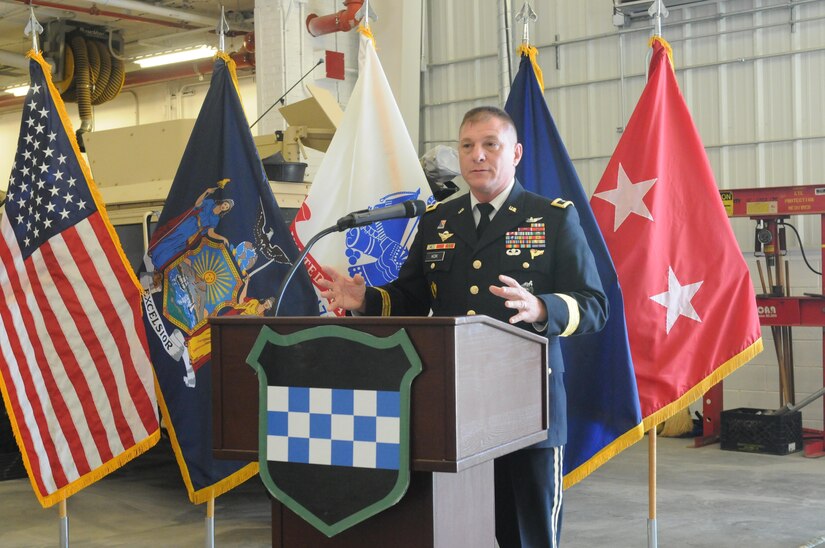 Maj. Gen. Troy D. Kok, commanding general of the U.S. Army Reserve’s 99th Regional Support Command, delivers remarks during the command’s ribbon-cutting ceremony Aug. 17 for the Area Maintenance Support Activity, Organizational Maintenance Shop, on Fort Totten, New York. The center underwent a $12.6 million full-facility revitalization, allowing technicians to perform in an up-to-date facility to meet readiness standards as well as train military unit mechanics as needed so they can perform maintenance while they’re deployed. The facility is a part of ensuring America’s Army Reserve remains the most capable, combat-ready and lethal federal reserve force in the history of the nation.
