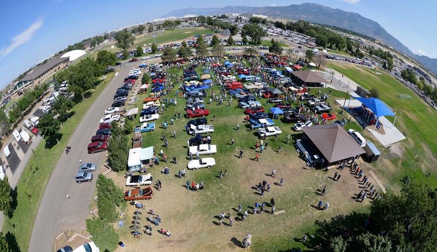 Fisheye view of the crowd and vehicles gathered for the annual Ogden Air Logistics Complex summer picnic and car show. (U.S. Air Force photo by Alex R. Lloyd)