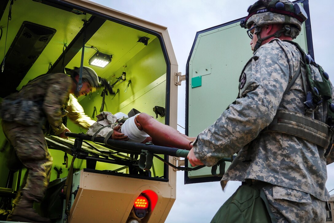 Soldiers transport a mock casualty during the mass casualty exercise Patriot Warrior