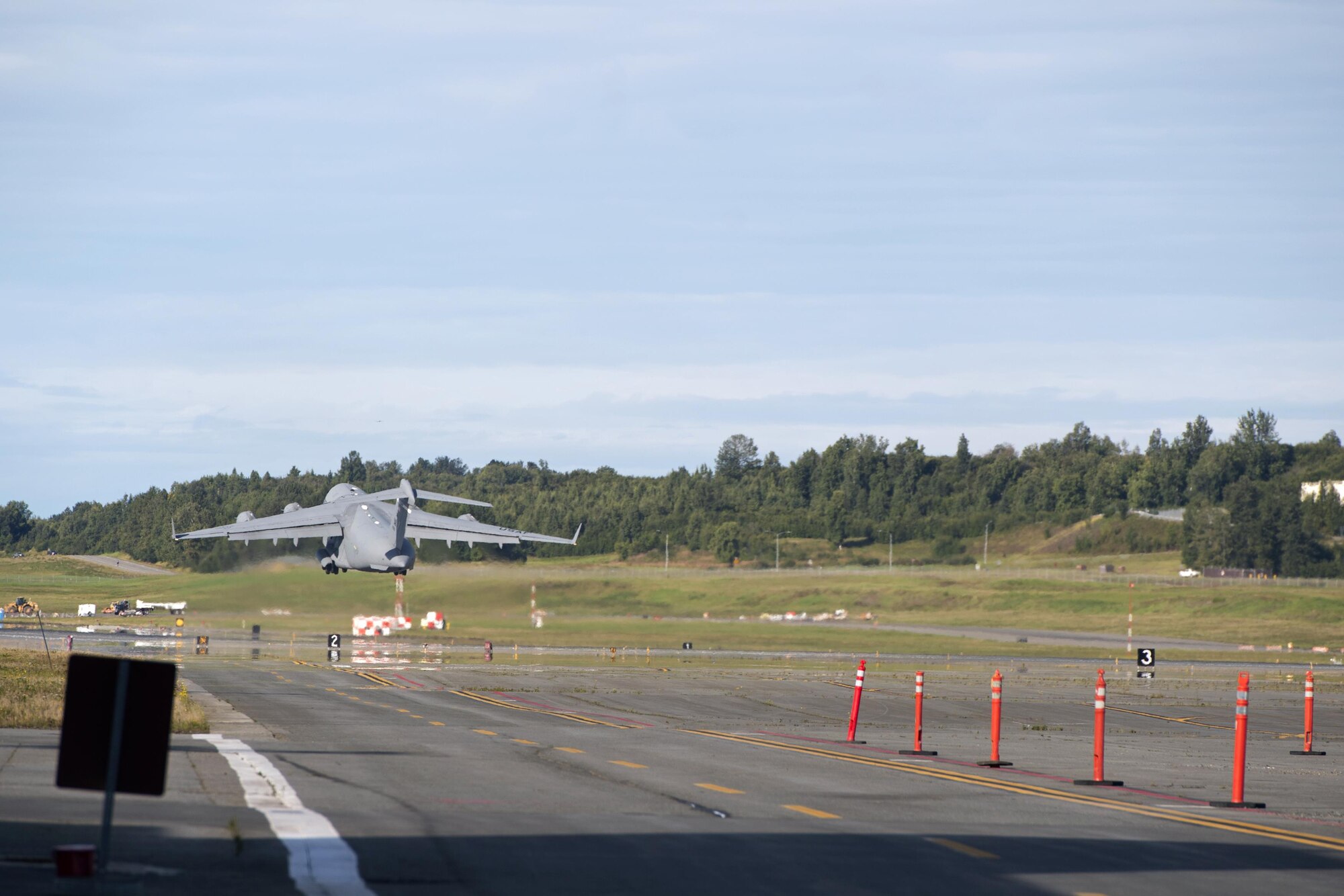 A Joint Base Elmendorf-Richardson C-17 Globemaster III takes off at JBER, Alaska, Aug. 28, 2017. Airmen of the Alaska Air National Guard’s 176th Wing will travel to Houston, Texas as part of a humanitarian mission in response to Hurricane Harvey.