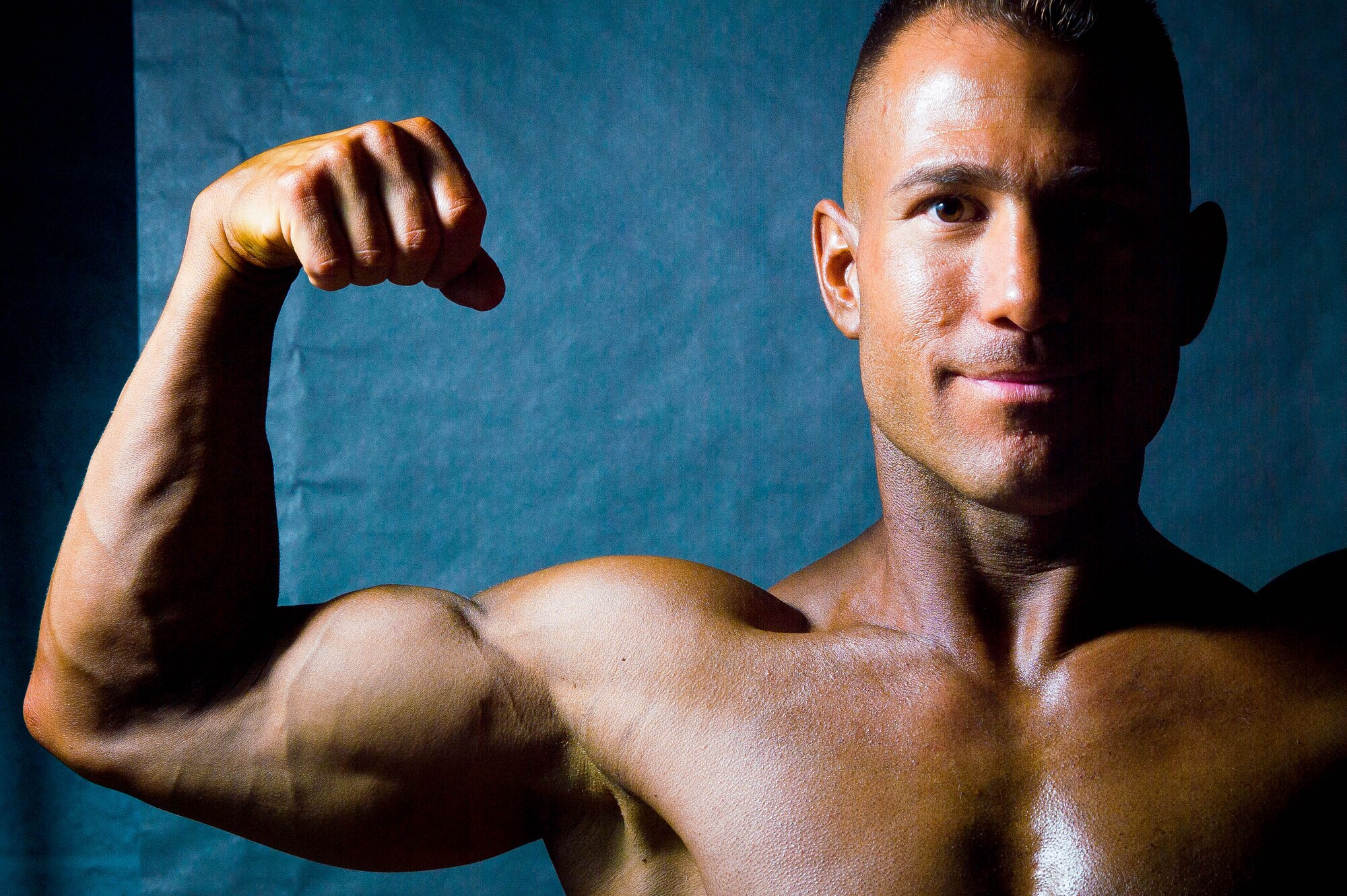 Master Sgt. E. J. Garcia, retired, received first place in the men’s physique category during a body building competition at Luke Air Force Base, Ariz., Aug. 26, 2017. Open to anyone with base access, the competition featured three categories, physique, figure and bikini. (U.S. Air Force photo/Staff Sgt. Jensen Stidham)