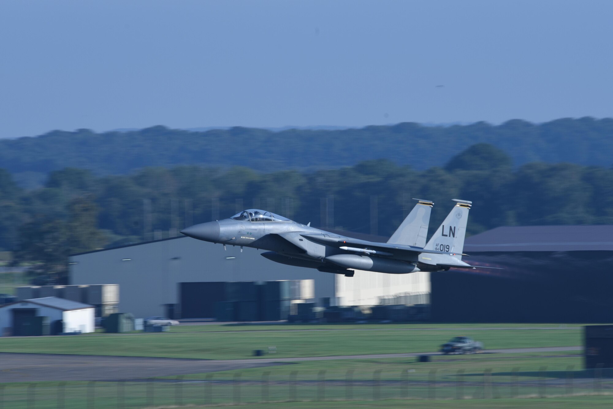 An F-15C Eagle assigned to the 493rd Fighter Squadron takes off from Royal Air Force Lakenheath, England, Aug. 29, 2017. The 48th Fighter Wing has deployed approximately 140 Airmen and seven F-15C Eagles as the 48th Air Expeditionary Group to Siauliai Air Base, Lithuania to assume control of the NATO Baltic Air Policing peacetime collective defense mission. (U.S. Air Force photo/Airman 1st Class John A. Crawford)