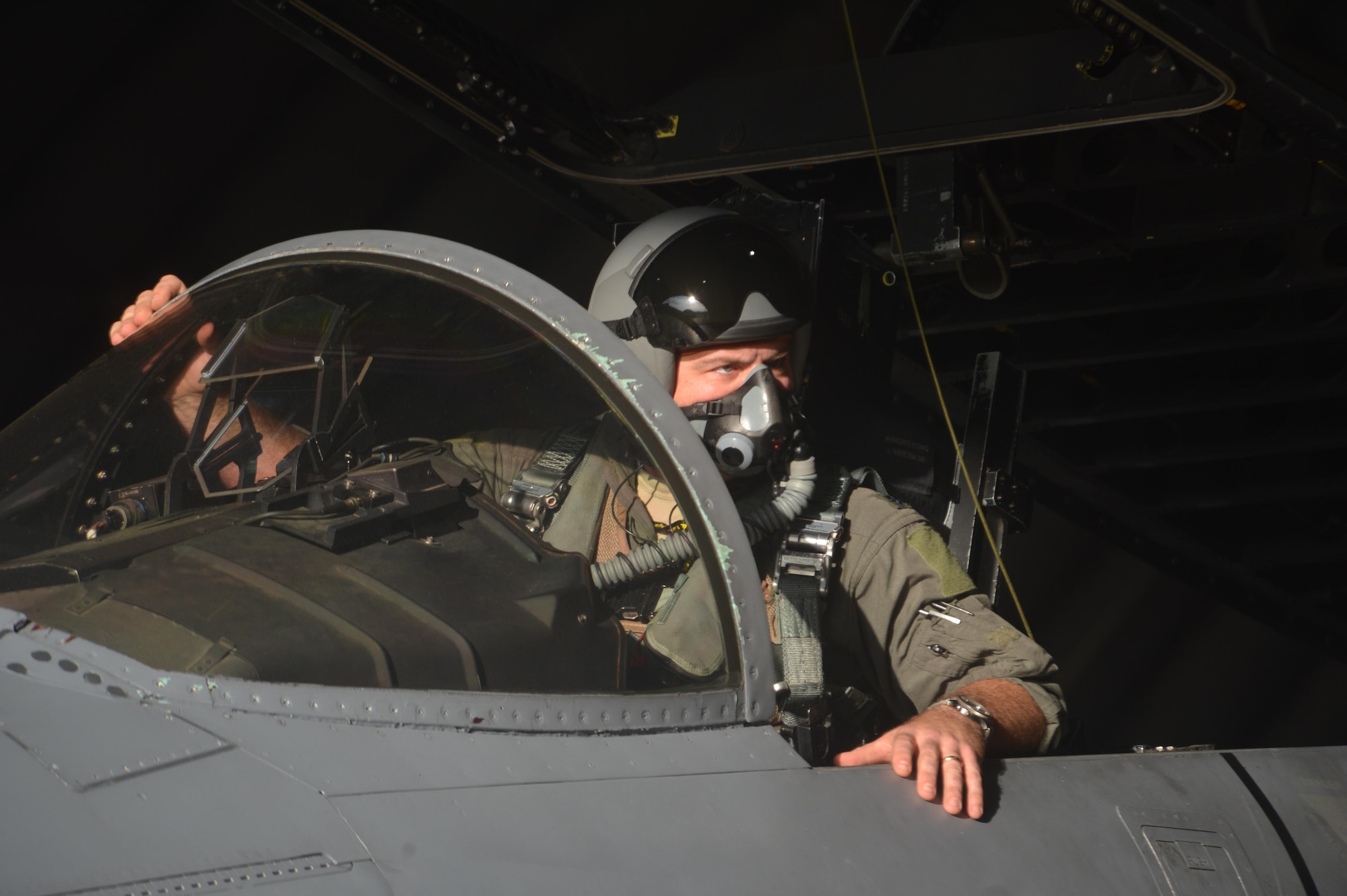 A 493rd Fighter Squadron pilot completes pre-flight checks prior to departing Royal Air Force Lakenheath, England, Aug. 29, 2017. During a deployment to support the NATO Baltic Air Policing peacetime collective defense mission, U.S. Airmen will continue to build upon shared values, experiences and vision to strengthen the bond between Baltic allies through shared capabilities and coordinated efforts to effectively accomplish missions. (U.S. Air Force photo/Master Sgt. Eric Burks)