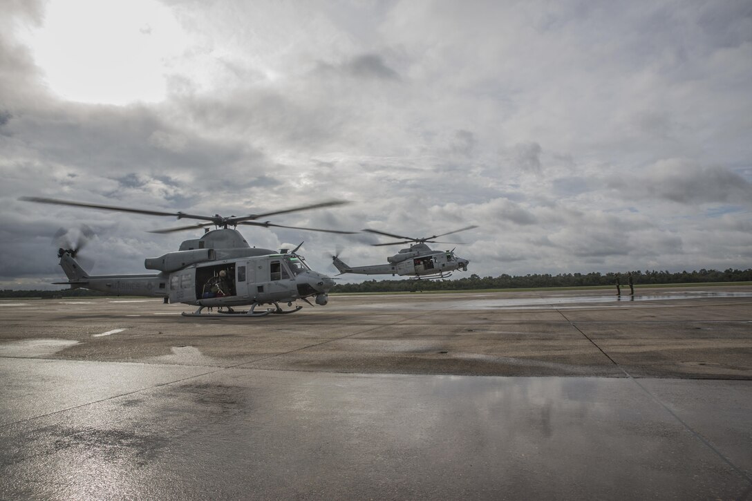 Bell UH-1Y Venom from Detachment A, Marine Light Attack Helicopter Squadron 773, Marine Aircraft Group 49, 4th Marine Aircraft Wing, Marine Forces Reserve, takes off in support of rescue missions in wake of Hurricane Harvey, Aug. 28, 2017, from Belle Chasse, Louisiana.