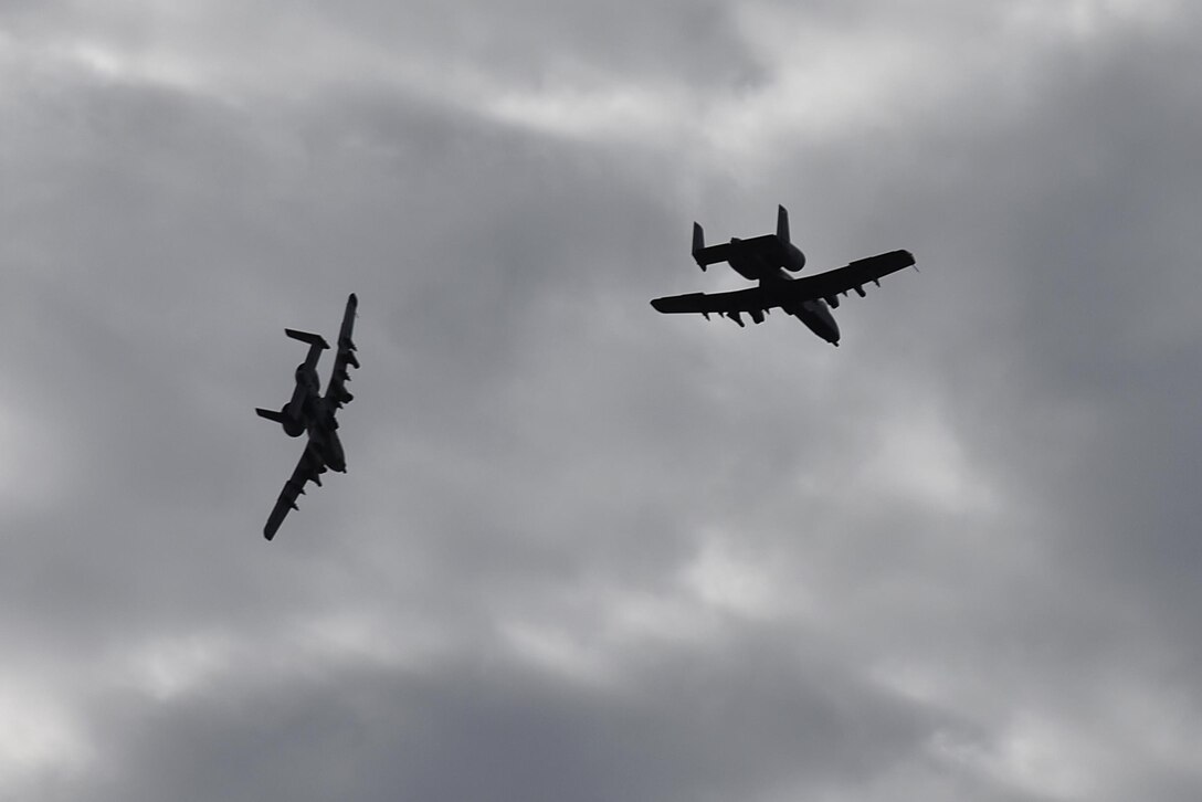 Two A-10C Thunderbolt II aircraft from the 175th Wing, Maryland Air National Guard, fly in formation Aug. 16, 2017, before landing for a forward air refueling exercise during Operation Heatwave at Kuressaare Airfield, Estonia. The flying training deployment is funded by the European Reassurance Initiative in support of Operation Atlantic Resolve. The U.S. Air Force’s forward presence in Europe allows the U.S. to work with allies and partners to develop and improve ready air forces capable of maintaining regional security. (U.S. Air National Guard photo by Airman 1st Class Sarah M. McClanahan)