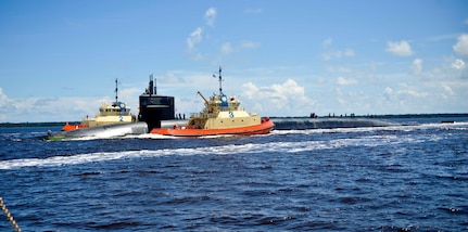 The Ohio-class ballistic-missile submarine USS Maryland (SSBN 738) returns to its homeport of Naval Submarine Base Kings Bay, Ga., Aug. 25, 2017, following a strategic deterrent patrol. Maryland is the fourth U.S. Navy ship named in honor of the state. It is one of five ballistic-missile submarines stationed at the base, capable of carrying up to 20 submarine-launched ballistic missiles with multiple, independently-targeted warheads.