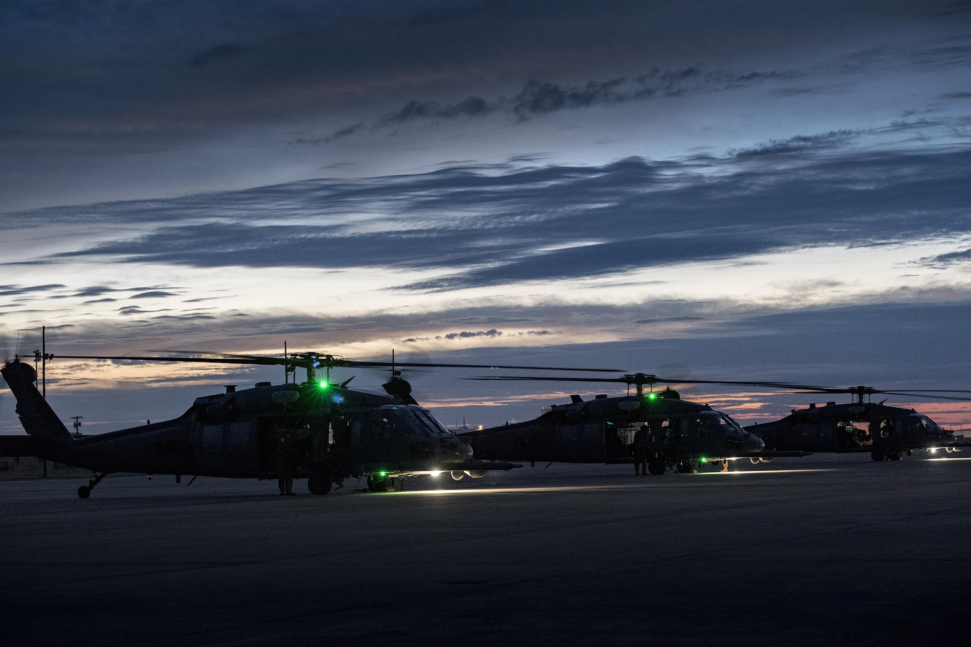 HH-60G Pave Hawks, assigned to the 41st Rescue squadron, park, Aug. 26, 2017, at Naval Air Station Fort Worth Joint Reserve Base, Texas.