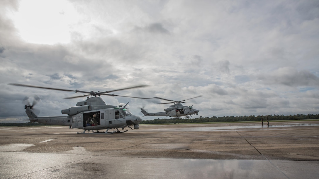 BELLE CHASSE, La. – Bell UH-1Y Venom from Detachment A, Marine Light Attack Helicopter Squadron 773, Marine Aircraft Group 49, 4th Marine Aircraft Wing, Marine Forces Reserve, takes off in support of rescue missions in wake of Hurricane Harvey, Aug. 28, 2017, from Belle Chasse, La. The Marine Corps is America’s expeditionary total force in readiness that is always the first to the fight, whether on the battlefield or national emergencies. Active duty and Reserve Marines are fully integrated to fight and win in any clime at any time. (U.S. Marine Corps photo by Lance Cpl. Niles Lee/Released)
