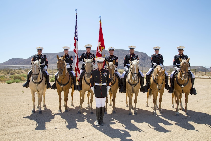 From left, Marine Corps Sgts. Fernando Blancas, Jedidiah Birnie, Terry Barker, Jacob Cummins, Cpls. Nicholas Davis, Alicia Frost and Javier Castellon post with Staff Sgt. Nicholas Beberniss for a mounted color guard portrait with Elephant Mountain in the background at the stables at Marine Corps Logistics Base Barstow, Calif., Aug. 10, 2017. The unit is celebrating its 50th year of service in 2017. Marine Corps photo by Laurie Pearson