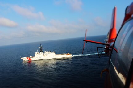 CGC JAMES launching its armed helicopter to interdict a drug smuggling vessel in the eastern Pacific Ocean