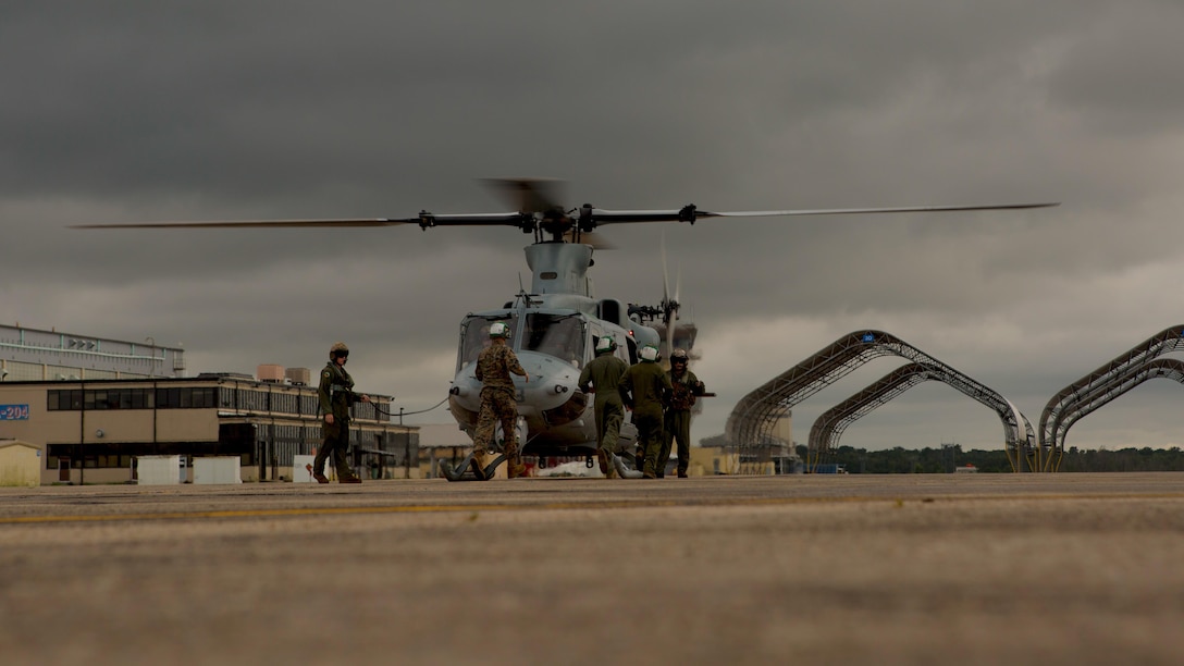 BELLE CHASSE, La. - Marines from Detachment A, Marine Light Attack Helicopter Squadron 773, Marine Aircraft Group 49, 4th Marine Aircraft Wing, Marine Forces Reserve, prepare a Bell UH-1Y Venom for take off in support of Hurricane Harvey on Aug. 28, 2017 from Belle Chasse, La. The Marine Corps is America’s expeditionary total force in readiness that is always first to the fight, whether on the battlefield or national emergencies. Active duty and Reserve Marine are fully integrated to fight and win in any clime at any time.