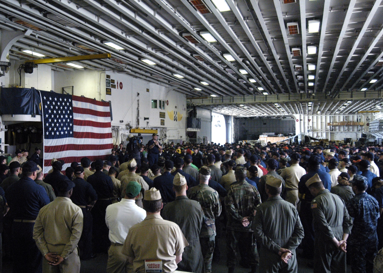 In September 2005, U.S. Coast Guard Vice Admiral Thad Allen, principle federal official for the federal response to Hurricane Katrina, addresses the crew of the USS Iwo Jima. The Navy’s involvement in the humanitarian assistance operations were led by the Federal Emergency Management Agency in conjunction with the Department of Defense.