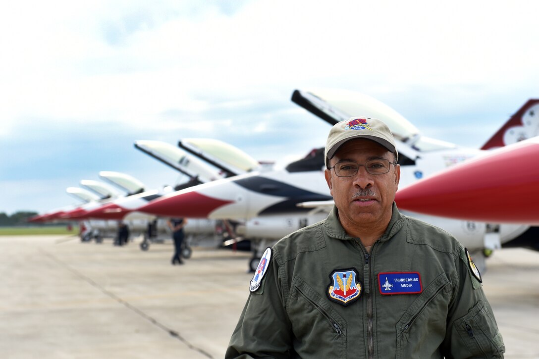 Hometown Hero, Dr. Brian Smith, President and Treasurer of the Tuskegee Airmen National Museum, awaits an incentive flight with the United States Air Force Thunderbirds, on August 20th 2017, during the Selfridge Centennial Open House and Air Show. As director of youth programs for the Detroit Chapter of Tuskegee Airmen Inc., Smith uses his personal aircraft to support the programs and helps maintain seven aircraft at the Tuskegee Airmen National Museum.   (U.S. Air National Guard photo by MSgt. David Kujawa)