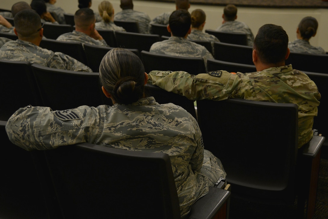 U.S. Air Force and U.S. Army noncommissioned officers listen to a panel of first sergeants at Joint Base Langley-Eustis, Va., Aug. 9, 2017.