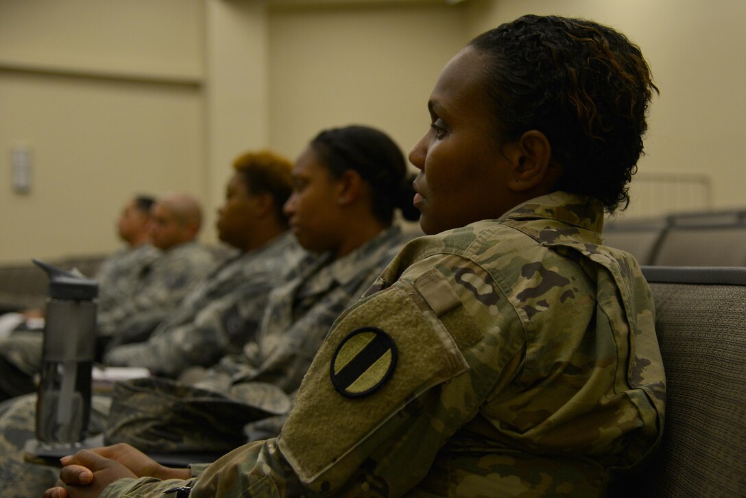 U.S. Army Sgt. 1st Class Melissa Simon, 149th Seaport Operations Company, 7th Transportation Brigade-Expeditionary operations security noncommissioned officer, listens to a first sergeants’ panel at Joint Base Langley-Eustis, Va., Aug. 9, 2017.