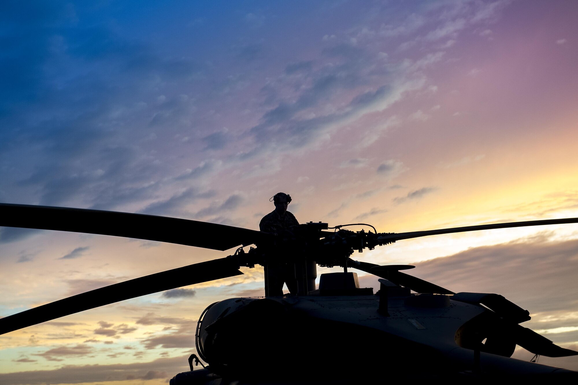 Staff Sgt. Sean O’Neill, 41st Helicopter Maintenance Unit maintainer, checks the rotor blades of an HH-60J Pave Hawk, Aug. 28, 2017, at Easterwood Airport in College Station, Texas. The 347th Rescue Group from Moody Air Force Base, Ga. sent aircraft and personnel in support of Air Forces Northern as part of Northern Command's support of FEMA's disaster response efforts. (U.S. Air Force photo by Tech. Sgt. Zachary Wolf)