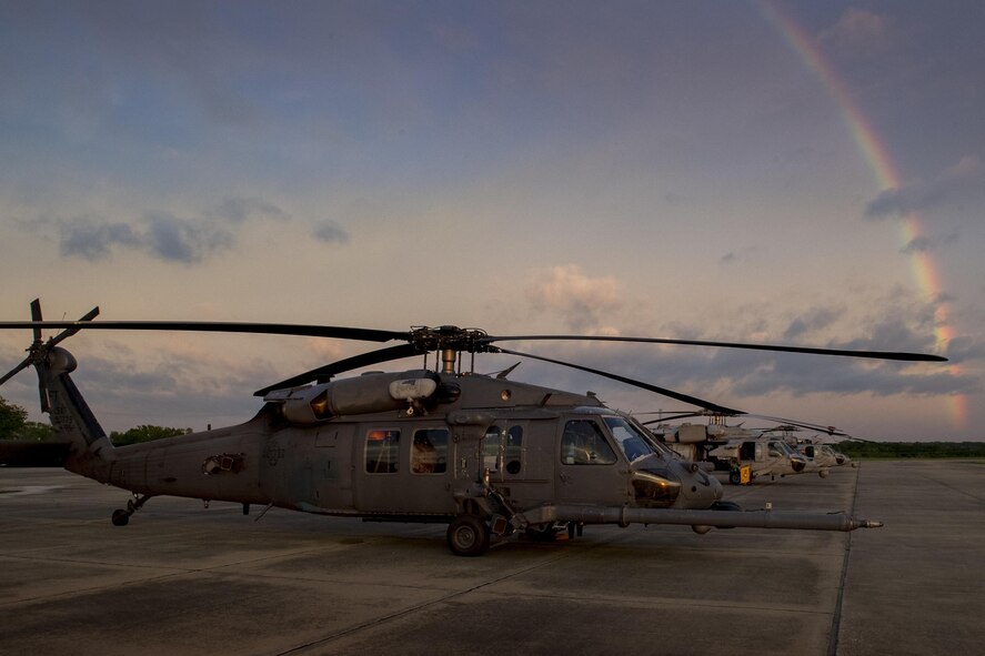 An HH-60G Pave Hawk rests on the flightline, Aug. 28, 2017, at Easterwood Airport in College Station, Texas. The 347th Rescue Group from Moody Air Force Base, Ga. sent aircraft and personnel in support of Air Forces Northern as part of Northern Command's support of FEMA's disaster response efforts. (U.S. Air Force photo by Tech. Sgt. Zachary Wolf)
