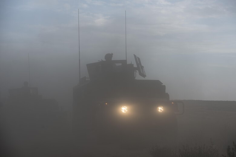 Members of the 366th Civil Engineer Squadron explosive ordinance disposal arrive at the scene of a simulated explosion August 24, 2017, at Orchard training area, Idaho. In the event that EOD is first on scene they must have the ability to tend to victims of a blast. (U.S. Air Force photo by Airman 1st Class Jeremy D. Wolff/Released)