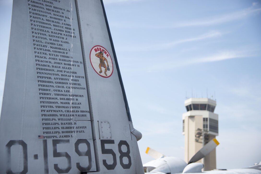The “Flying POW/MIA” monument, Grumman OV-1 Mohawk, sits during the 2017 Thunder Over Dover Open House Aug. 27, 2017, on Dover Air Force Base, Del. There are 1,636 names on the aircraft and some have small flags to indicate a repatriated Vietnam War service member. (U.S. Air Force photo by Staff Sgt. Jared Duhon)