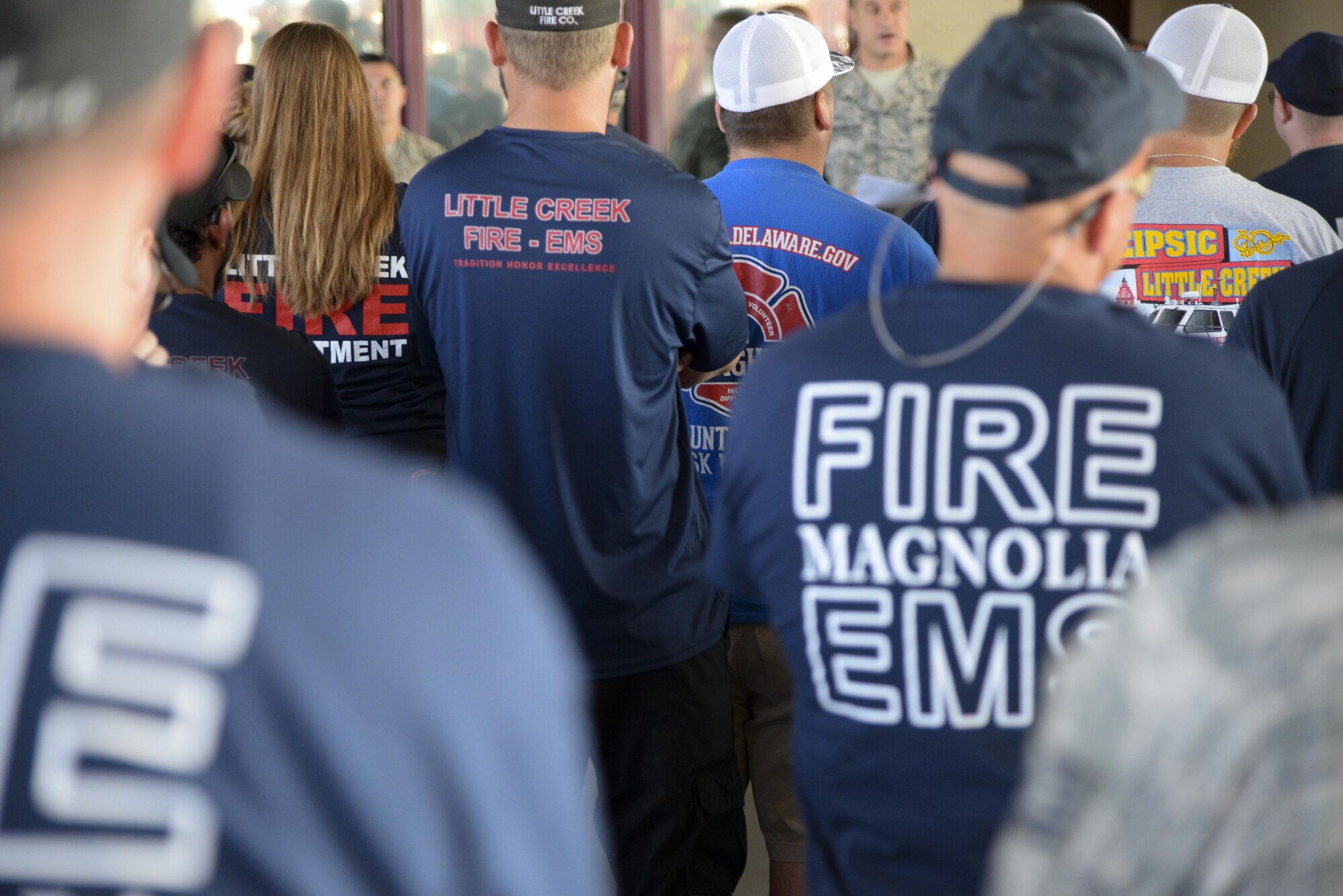 First responders from several local community agencies receive a briefing before the final day of the 2017 Thunder Over Dover Open House Aug. 27, 2017, at Dover Air Force Base, Del. Ensuring safety for the nearly 50,000 guests was a major priority during the open house. (U.S. Air Force photo by Staff Sgt. Aaron J. Jenne)