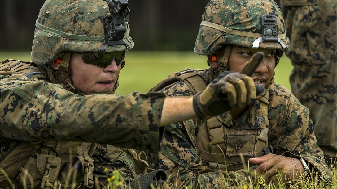Two Marines lie in the grass as they observe a target area during training.