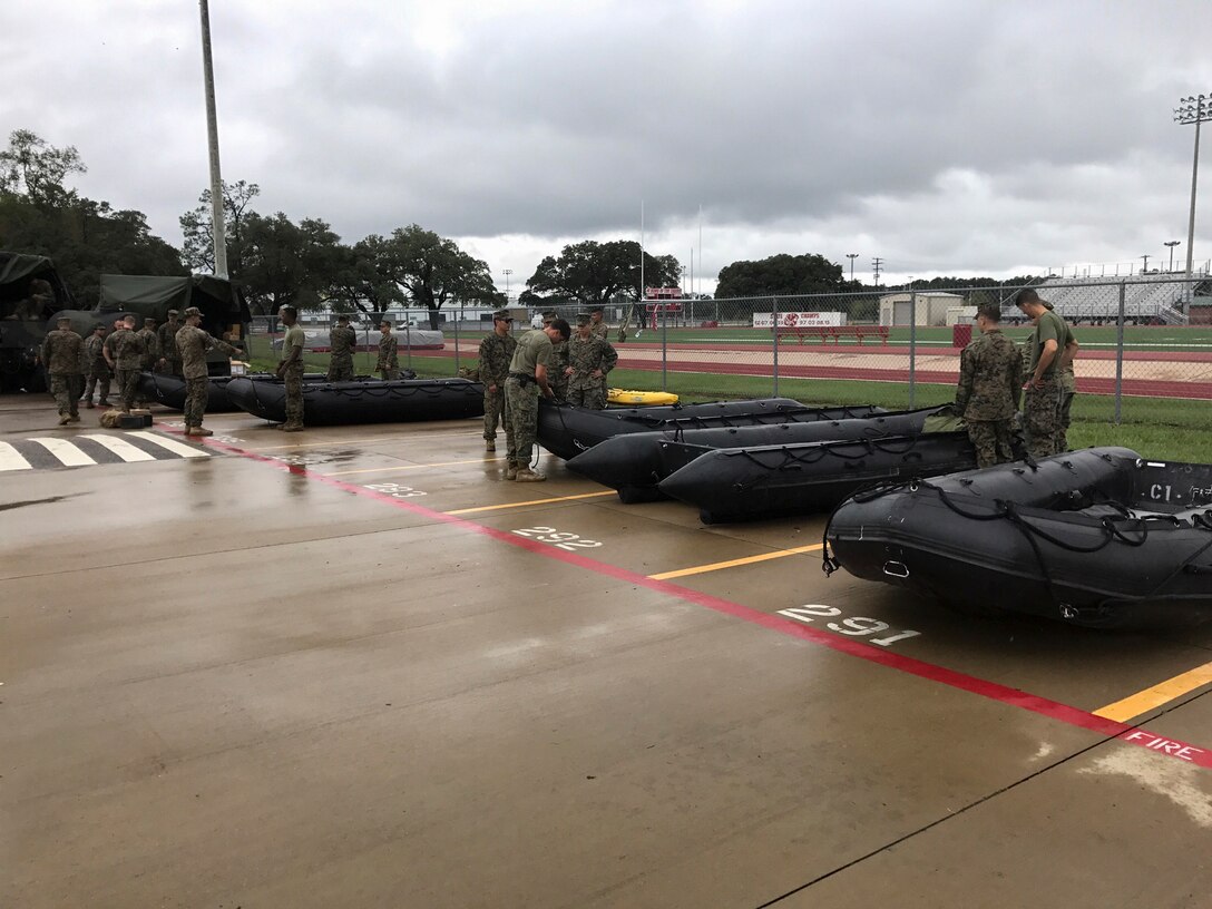 Marines with 4th Reconnaissance Battalion, 4th Marine Division, Marine Forces Reserve, prepare to execute rescue operations in response to Hurricane Harvey in Katy, Texas, Aug. 29, 2017. Marine Forces Reserve is posturing ground, air and logistical assets in order to support FEMA, state and local response efforts due to Hurricane Harvey. The Marine Corps Reserve is America’s expeditionary total force in readiness whether on the battlefield or during national emergencies.