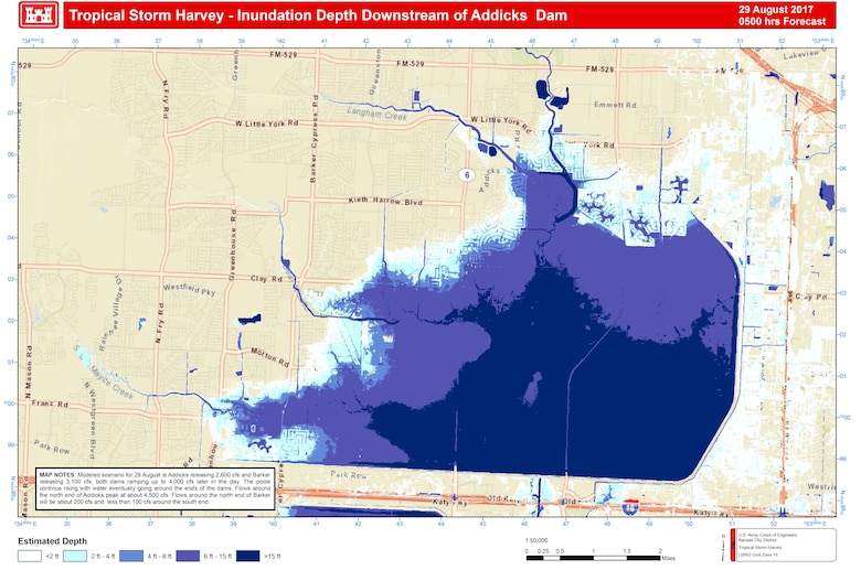 The illustrations depict modeling from what we projected early Aug. 29 before we increased our releases to 7000 and 6000 at Addicks and Barker Dams. Areas depicted in green are currently not flooded, as previously predicted due to the increased releases.