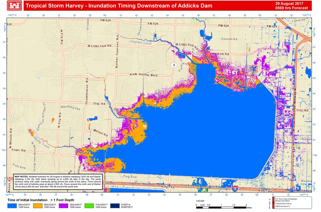 The illustrations depict modeling from what we projected early Aug. 29 before we increased our releases to 7000 and 6000 at Addicks and Barker Dams. Areas depicted in green are currently not flooded, as previously predicted due to the increased releases.