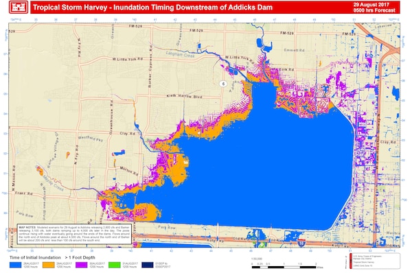 The illustrations depict modeling from what we projected early Aug. 29 before we increased our releases to 7000 and 6000 at Addicks and Barker Dams. Areas depicted in green are currently not flooded, as previously predicted due to the increased releases.