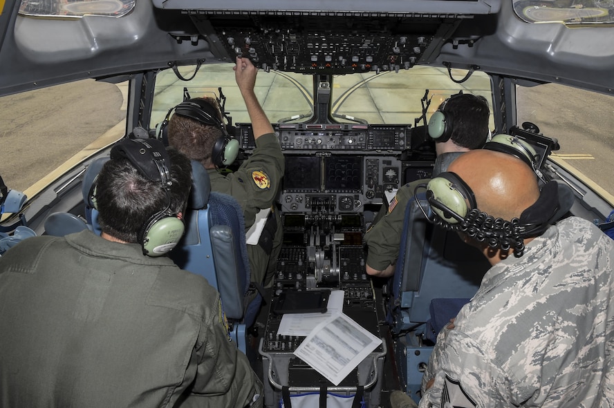 Aircrew from the 16th Airlift Squadron prepares for an emergency response mission in response to Hurricane Harvey Aug. 29.