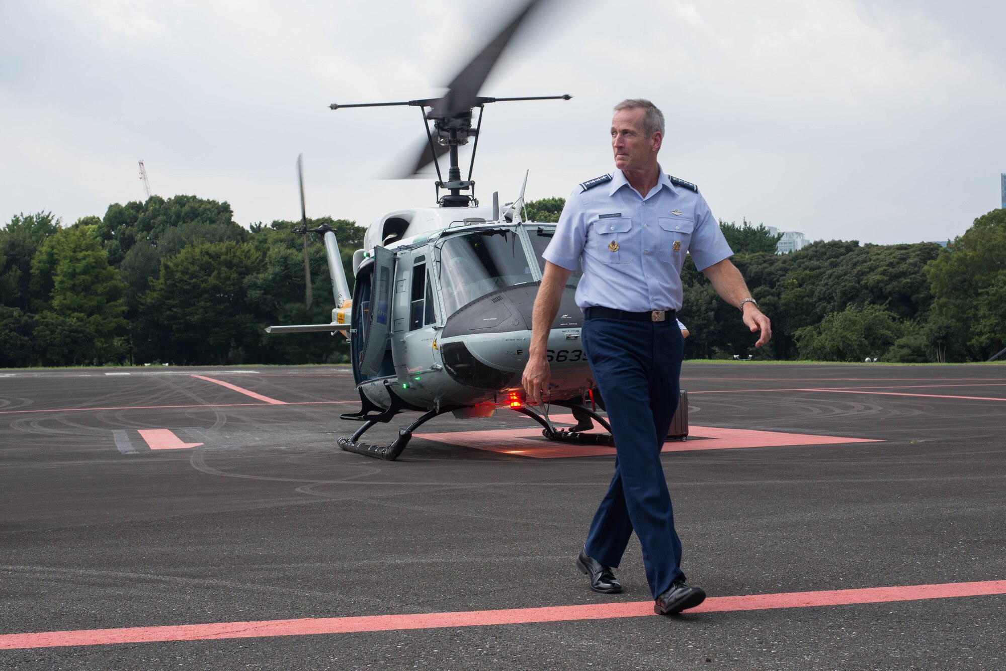 U.S. Air Force Gen. Terrence J. O’Shaughnessy, Pacific Air Forces commander, shakes hands with Lt. Gen. Jerry P. Martinez, U.S. Forces Japan and 5th Air Force commander, Aug. 30, 2017, at Yokota Air Base, Japan. O’Shaughnessy’s visit was to reaffirm the strength of the partnership between the U.S. Air Force and the Japan Air Self-Defense Force. (U.S. Air Force photo by Airman 1st Class Kevin West)