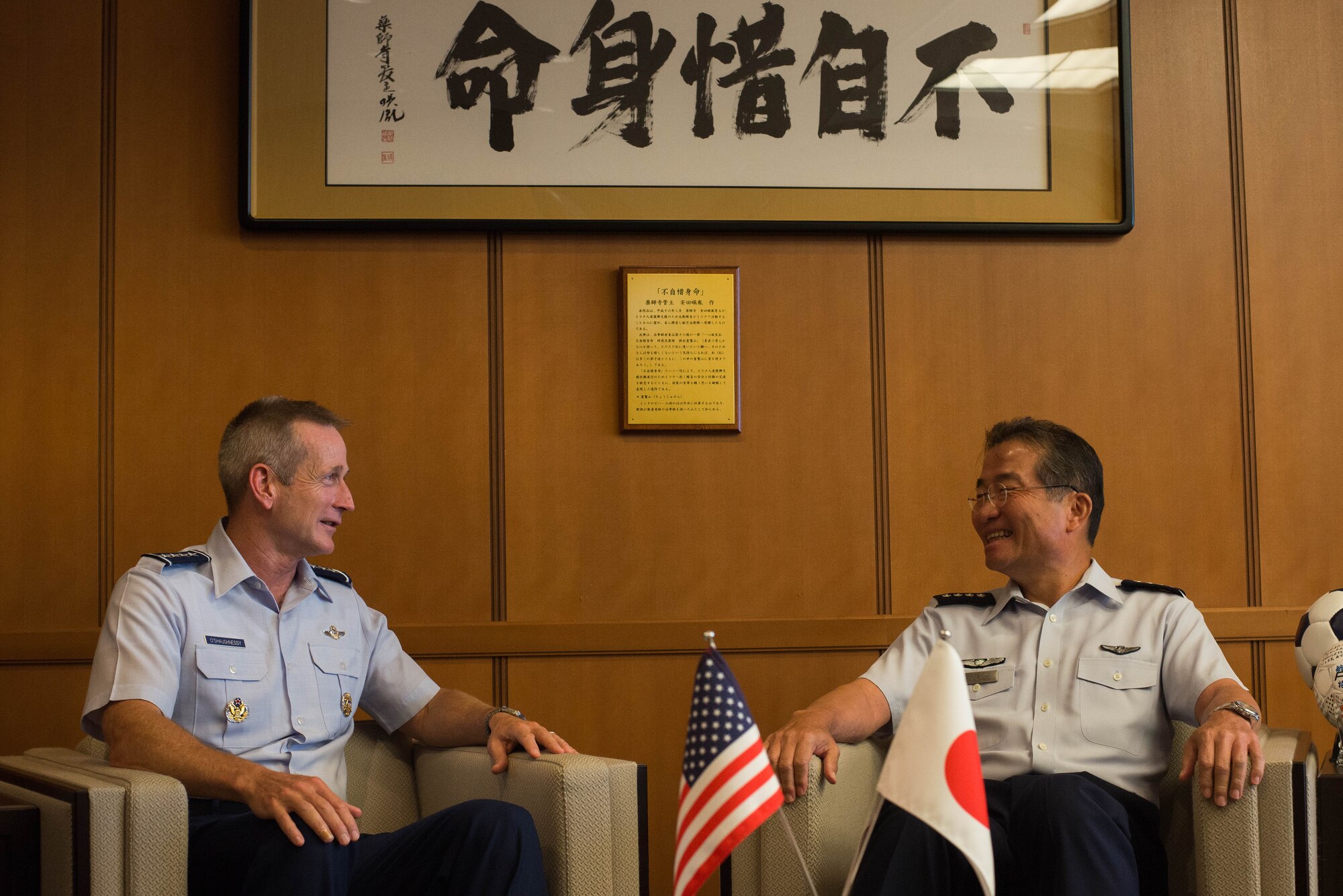 U.S. Air Force Gen. Terrence J. O’Shaughnessy, Pacific Air Forces commander, shakes hands with Lt. Gen. Jerry P. Martinez, U.S. Forces Japan and 5th Air Force commander, Aug. 30, 2017, at Yokota Air Base, Japan. O’Shaughnessy’s visit was to reaffirm the strength of the partnership between the U.S. Air Force and the Japan Air Self-Defense Force. (U.S. Air Force photo by Airman 1st Class Kevin West)