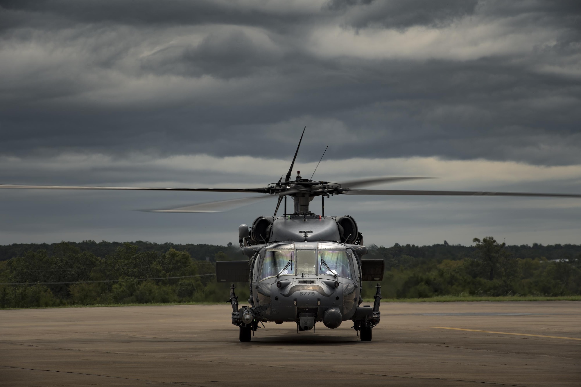 An HH-60G Pave Hawk from the 41st Rescue Squadron returns from a sortie in support of Hurricane Harvey relief efforts, Aug. 29, 2017, at Easterwood Airport, College Station, Texas.