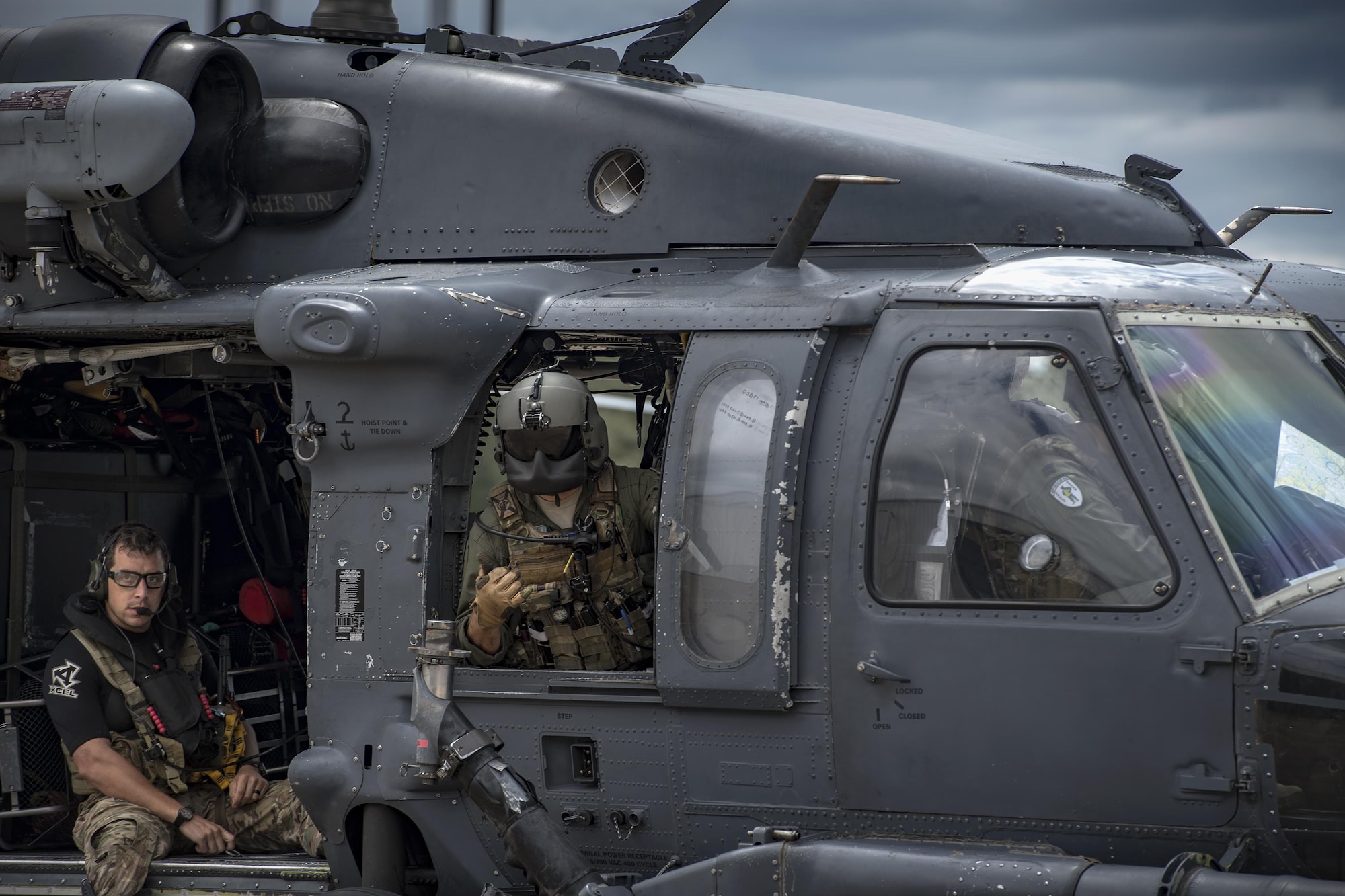 A rescue crew made up of pararescuemen, special missions aviators and pilots returns from a sortie in support of Hurricane Harvey relief efforts, Aug. 29, 2017, at Easterwood Airport, College Station, Texas.