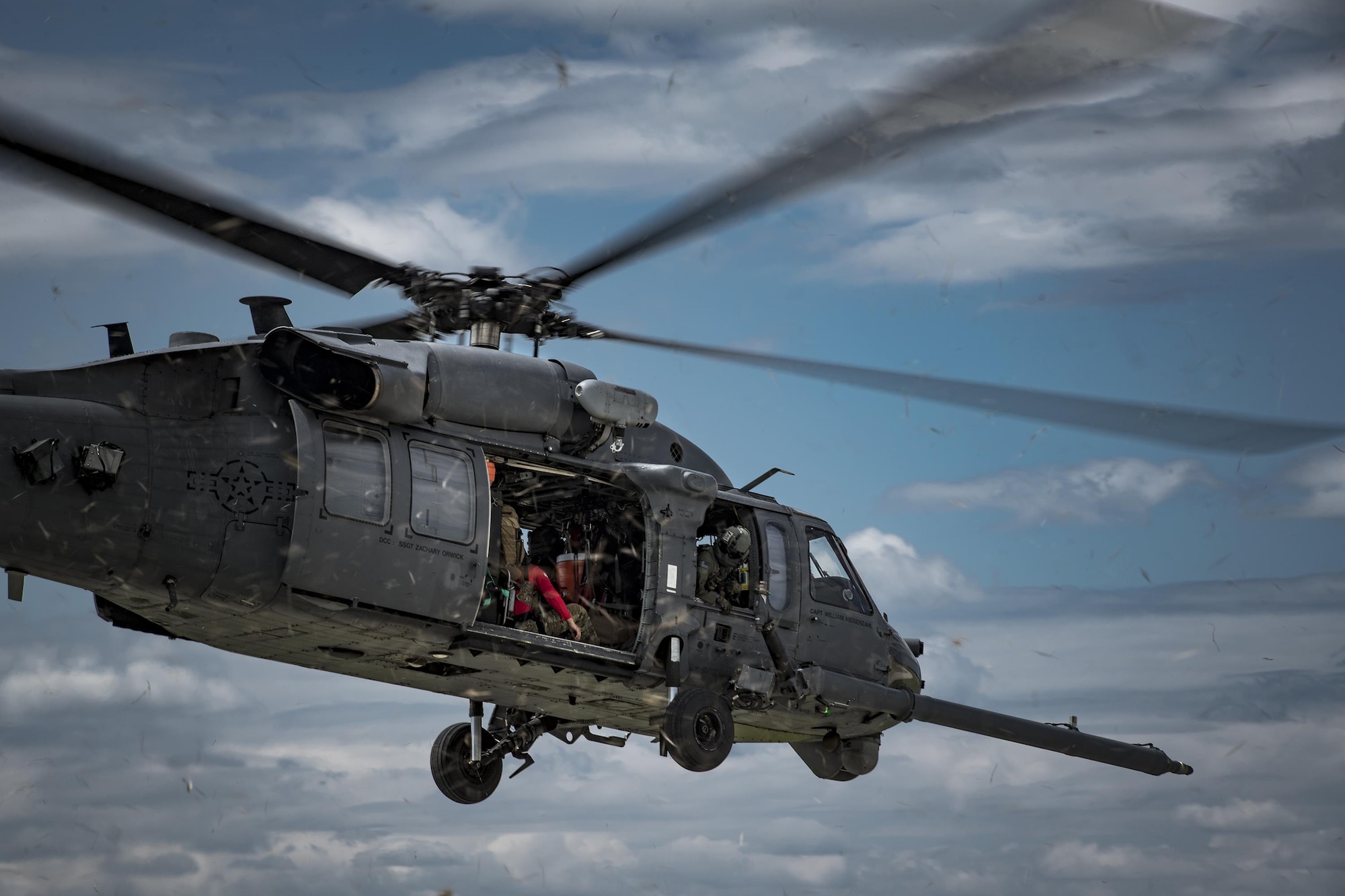 An HH-60G Pave Hawk from the 41st Rescue Squadron takes off for a sortie in support of Hurricane Harvey relief efforts, Aug. 29, 2017, at Easterwood Airport, College Station, Texas.