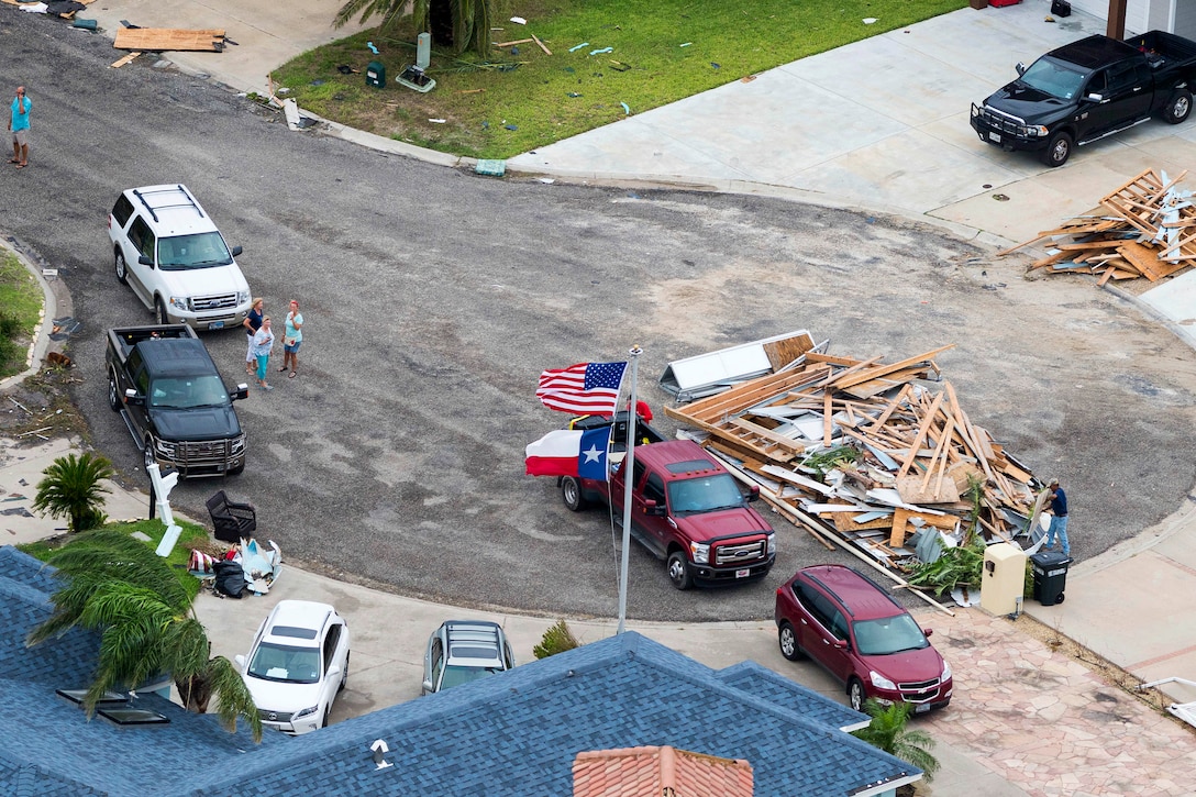 An aerial view showing massive devastation and flooding caused by Hurricane Harvey