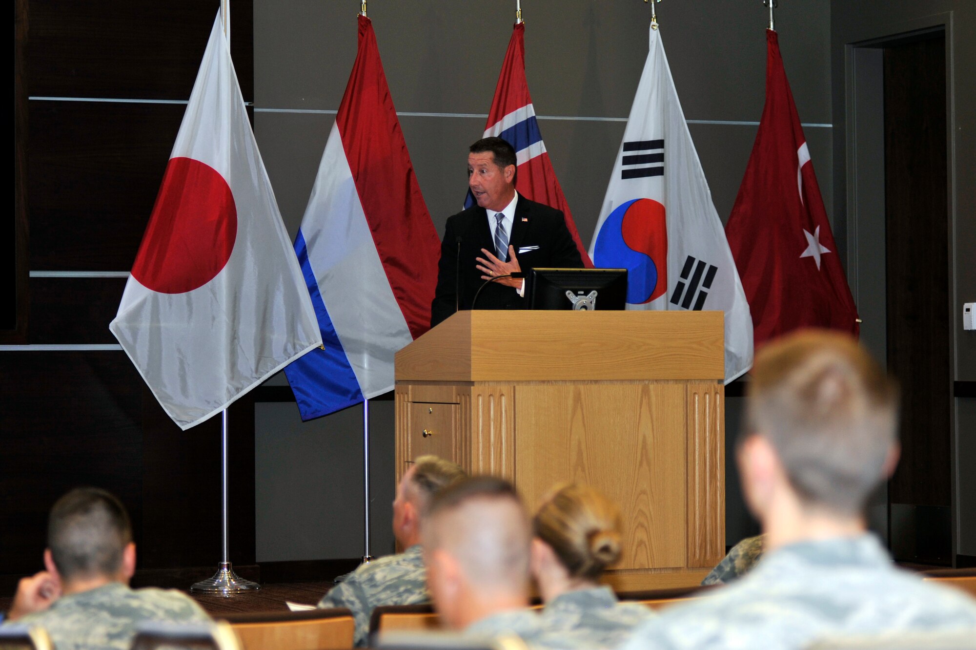 Steve Fedyski, Chief Operating Officer at Pure Flix Entertainment, speaks during a Faith and Leadership seminar at Luke Air Force Base, Ariz. August 23, 2017. The seminar, sponsored by the Luke Chapel, was held to teach Airmen how to balance their faith and work. (U.S. Air Force photo/Airman 1st Class Pedro Mota)