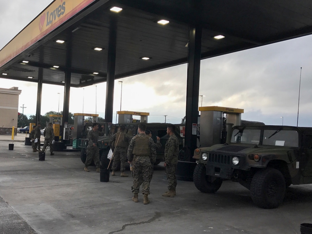 Marines with 4th Reconnaissance Battalion, 4th Marine Division, Marine Forces Reserve, prepare to execute rescue operations in response to Hurricane Harvey in Katy, Texas, Aug. 29, 2017. Marine Forces Reserve is posturing ground, air and logistical assets in order to support FEMA, state and local response efforts due to Hurricane Harvey. The Marine Corps Reserve is America’s expeditionary total force in readiness whether on the battlefield or during national emergencies.