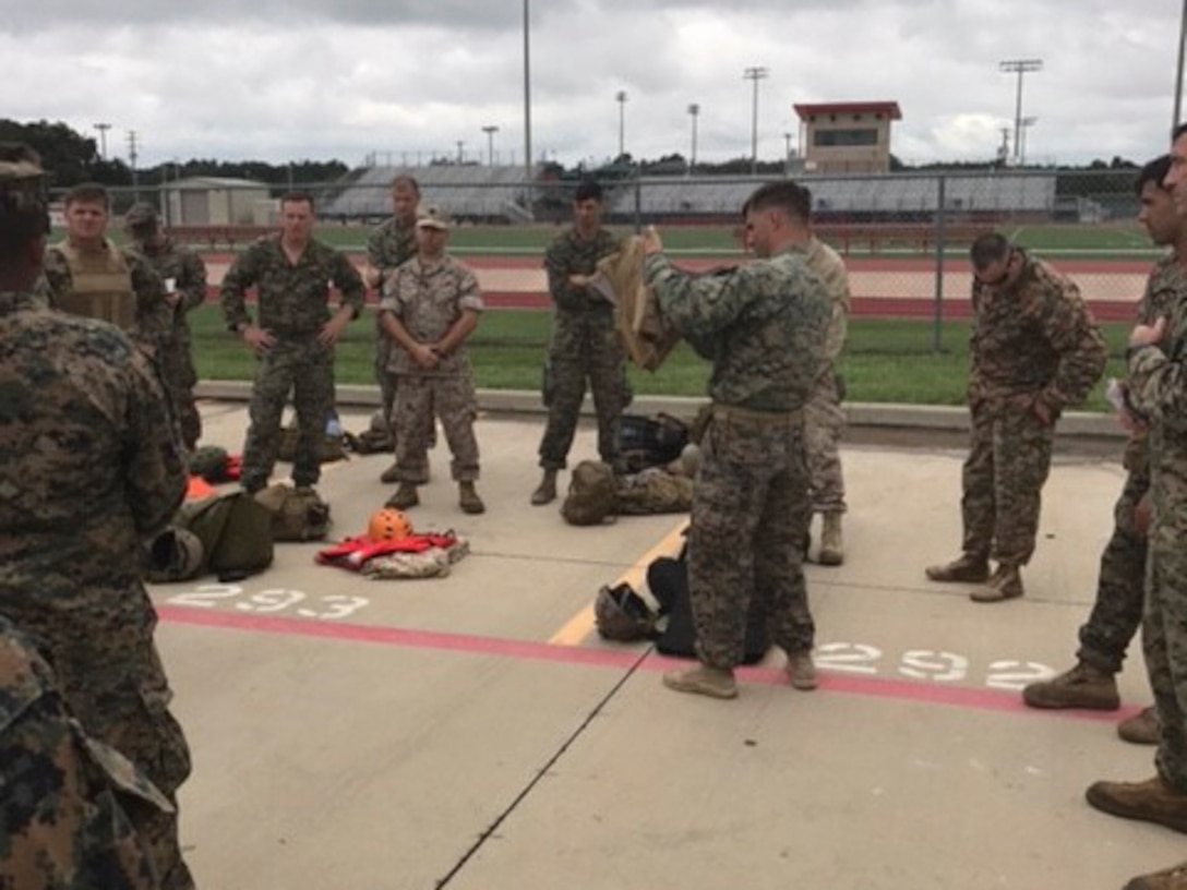 Marines with 4th Reconnaissance Battalion, 4th Marine Division, Marine Forces Reserve, prepare to execute rescue operations in response to Hurricane Harvey in Katy, Texas, Aug. 29, 2017. Marine Forces Reserve is posturing ground, air and logistical assets in order to support FEMA, state and local response efforts due to Hurricane Harvey. The Marine Corps Reserve is America’s expeditionary total force in readiness whether on the battlefield or during national emergencies.