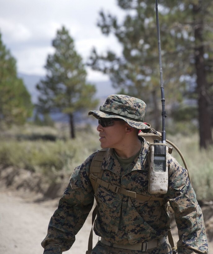 A radio operator with 2nd Law Enforcement Battalion participates in a conditioning hike as part of the Mountain Warfare Training exercise in Bridgeport, Calif., Aug. 22, 2017.