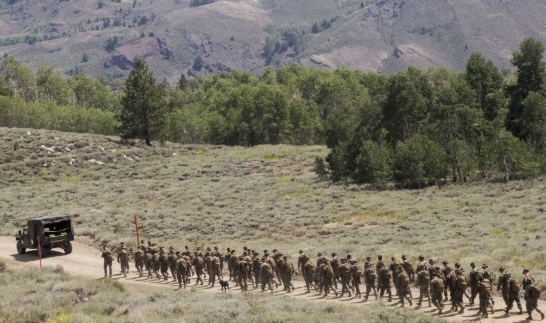Marines descend a mountain during a five- mile conditioning hike as part of the Mountain Warfare Training exercise in Bridgeport, Calif., Aug. 22, 2017.