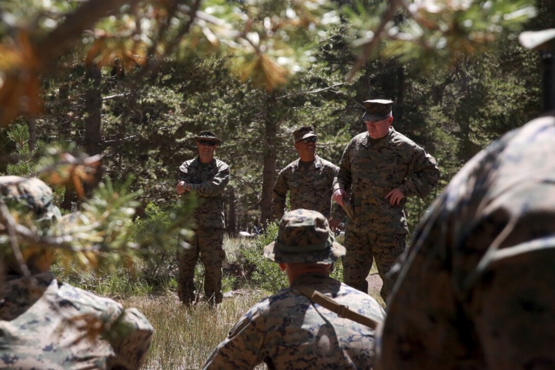 Col. David Owen, the Marine Expeditionary Force Information Group Commanding Officer, addresses 2nd Law Enforcement Battalion Marines prior to participating in the first event of Mountain Warfare Training in Bridgeport, Calif., Aug. 24, 2017.