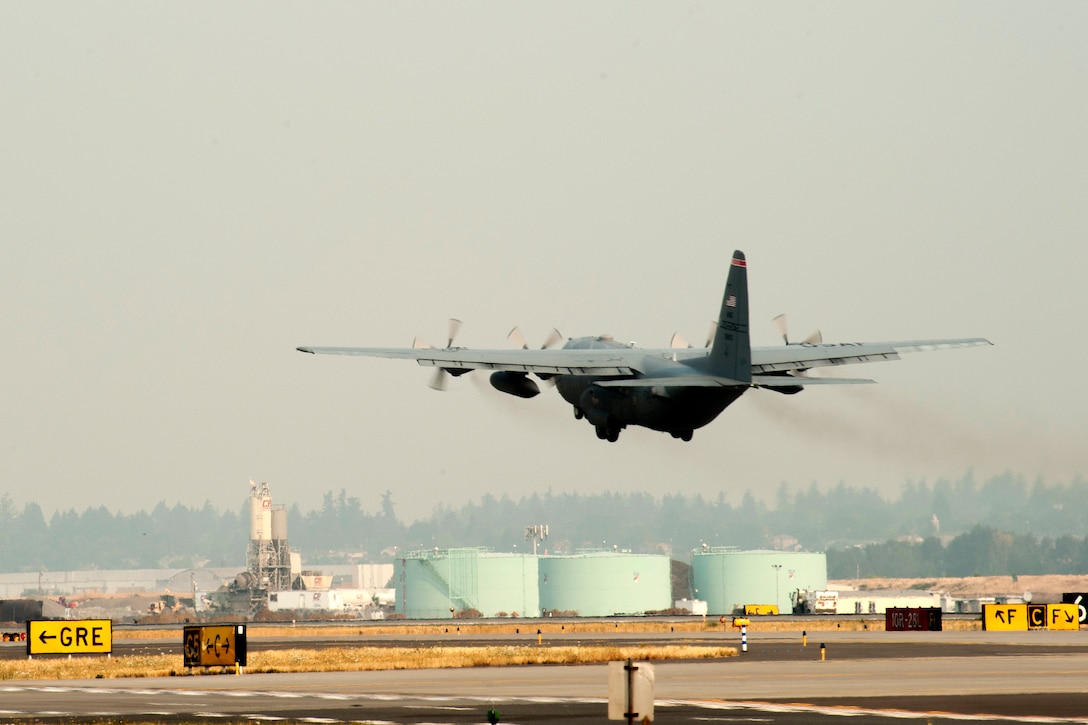A C-130 Hercules takes off.
