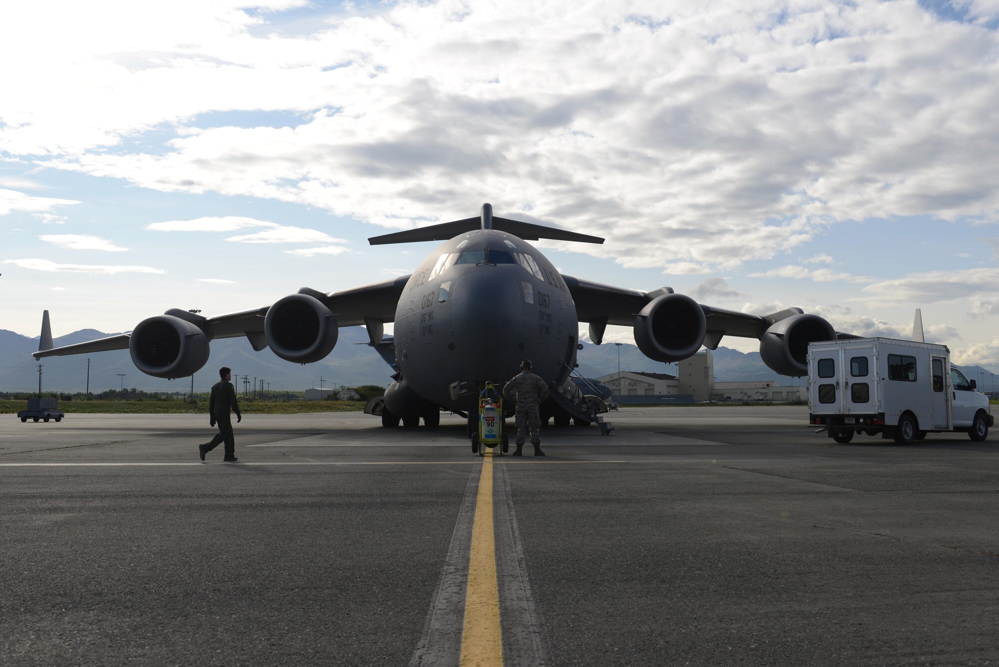 Airmen fuel a C-17 Globemaster III, at Joint Base Elmendorf-Richardson, Alaska, Aug. 28, 2017, preparing to leave for Texas to provide humanitarian support after Hurricane Harvey. The Air National Guard 176th Wing sent personnel from the 212th Rescue Squadron and 249th Airlift Squadron to provide search-and-rescue, and support aeromedical evacuation and humanitarian relief.