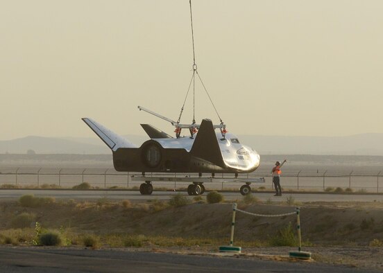 The Dream Chaser prepares for a captive carry test Aug. 30, 2017, at Edwards Air Force Base, Calif. The test was part of the spacecraft’s Phase Two flight test efforts to advance the orbiter closer to space flight. (U.S. Air Force photo/Kenji Thuloweit)