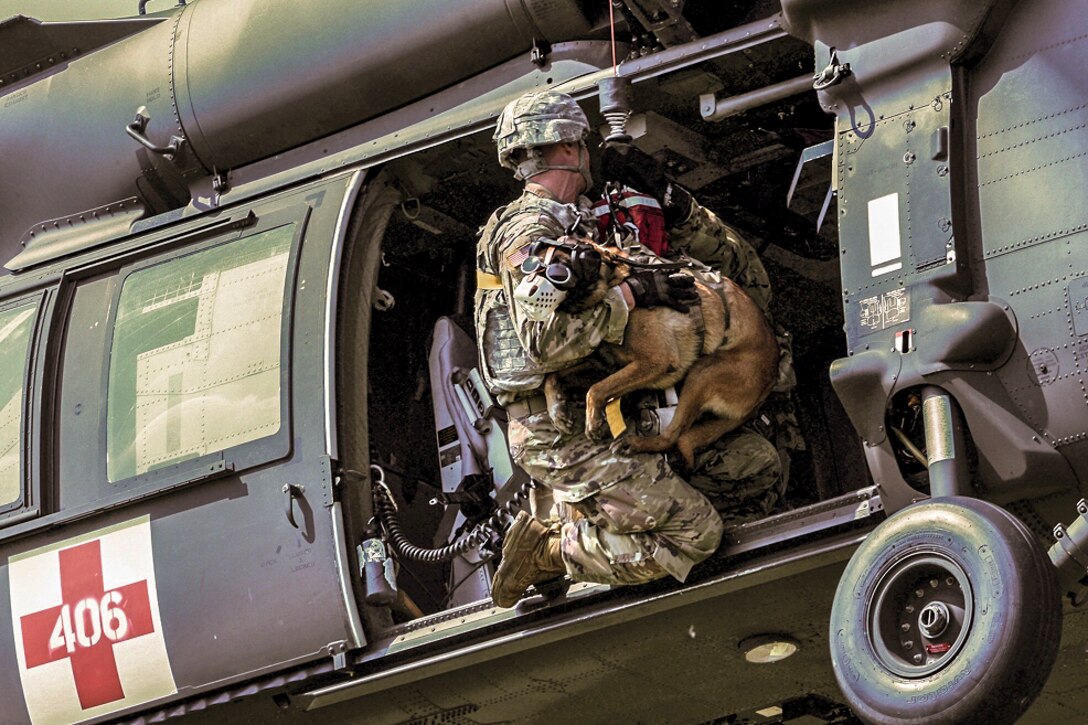 A soldier trains to hoist his working dog into a helicopter.
