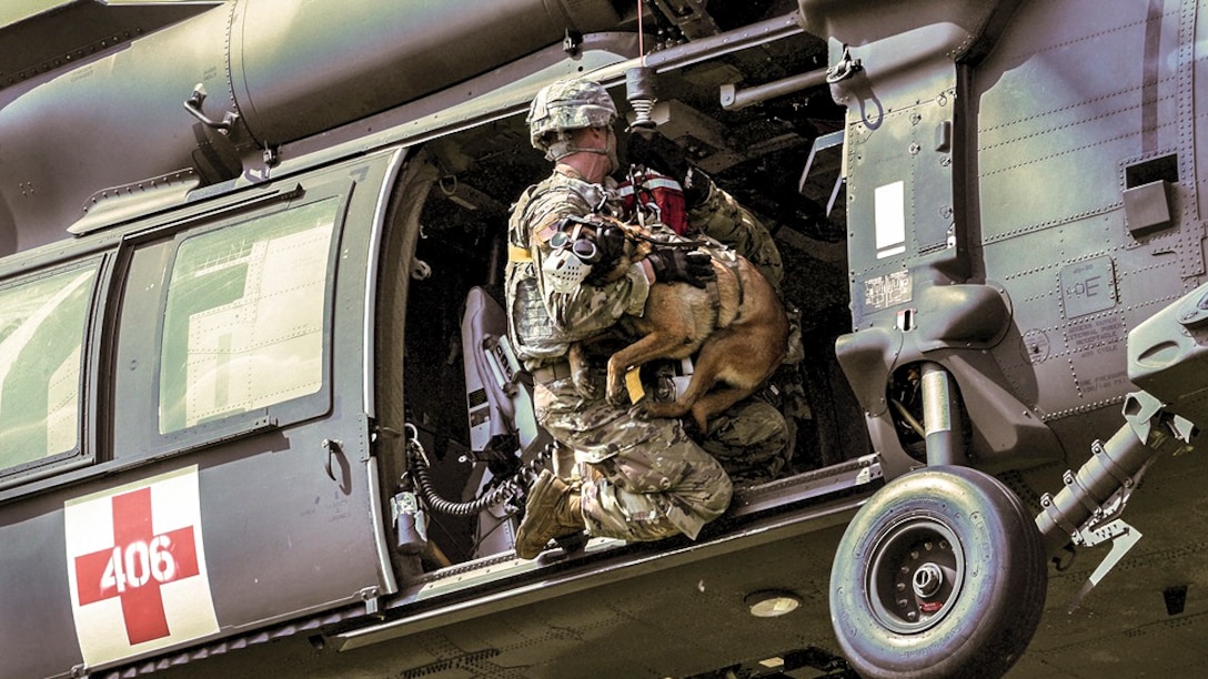 A soldier trains to hoist his working dog into a helicopter.