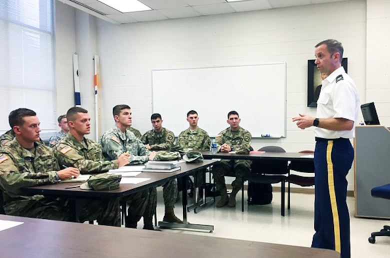 Mobile District Commander Col. James DeLapp speaks to ROTC cadets during a recent visit to the Auburn University campus. DeLapp visited three Alabama universities last week to reignite relationships with both faculty members and students.