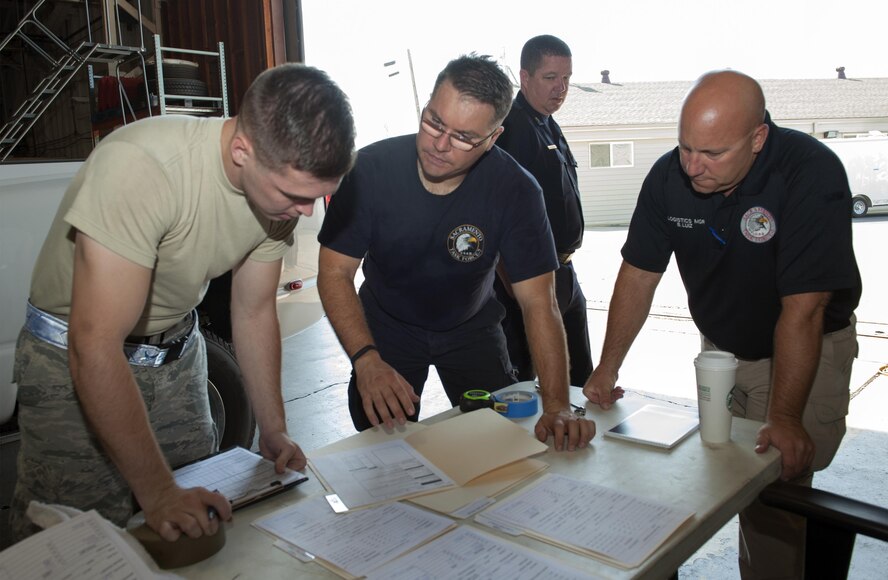 U.S. Air Force Airman 1st Class Colton Figura (left), 60th Aerial Port Squadron, Travis Air force Base, Calif., checks over forms filled out by John Newburger (center) and Brian Luiz (right), members with the California Urban Search and Rescue Task Force 7 during a joint inspection training and practical demonstration performance evaluation conducted by Airmen from the 60th APS, Travis Air Force Base, Calif., Aug. 23, 2017, at McClellan Park, Calif. The annual inspection helps members of the CA TF-7 team to learn about the JI process, governing directives and ensuring that cargo is safe before loading onto an aircraft.(U.S. Air Force photo/ Heide Couch)